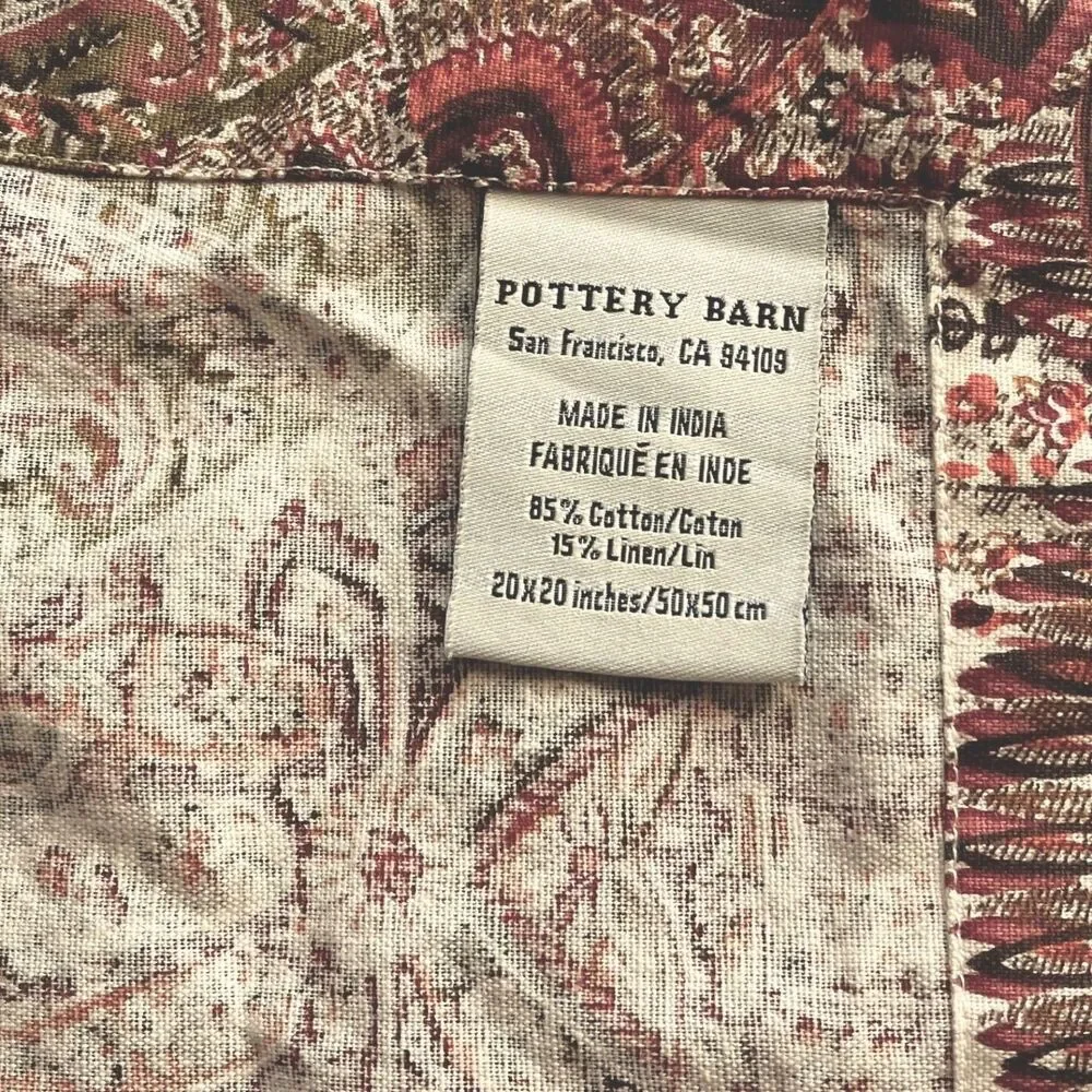 Pottery Barn Napkin Replacement 1 Pc Brown Red Orange Paisley Cotton Linen 20x20